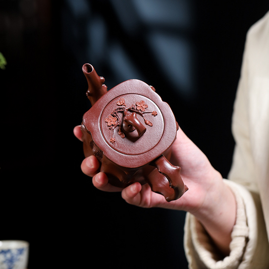 Square Plum Stump 240ML-Yixing Teapot in Vermilion Clay
