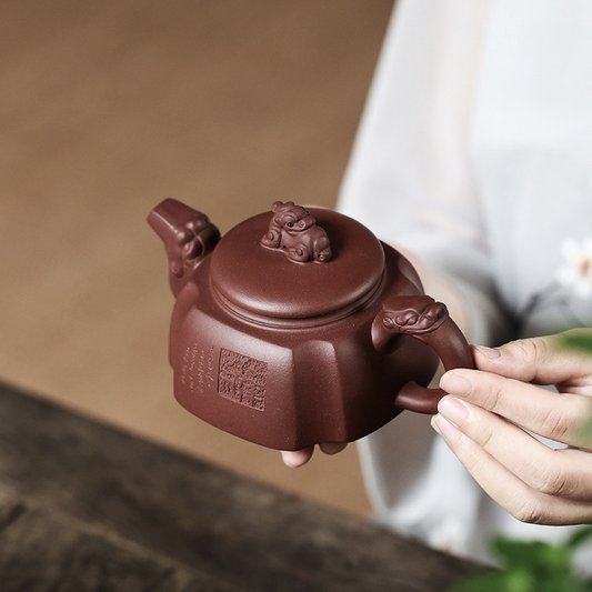Three Stars Blessing 300ML-Yixing Teapot in Purple Clay