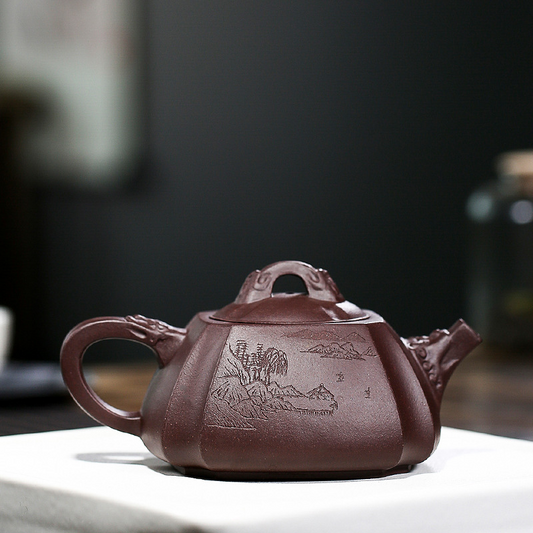 Dragon Spring Square Shi Piao 350ML-Yixing Teapot in Purple Clay